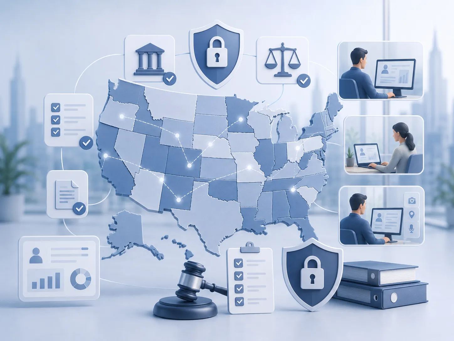 Map of the United States showing different state-level employee monitoring laws