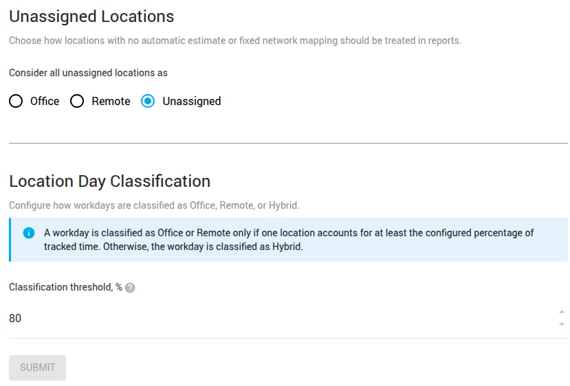 Unassigned Locations handling and the workday classification threshold