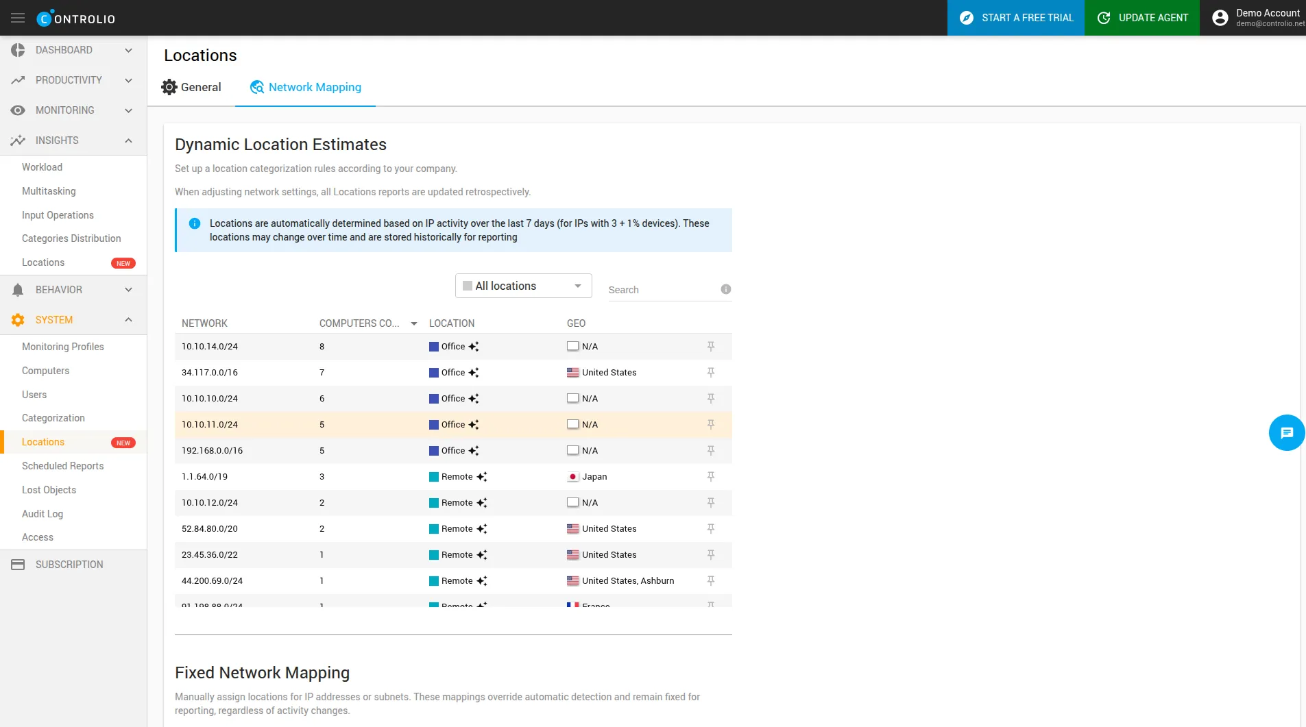 Dynamic Location Estimates list in Network Mapping settings